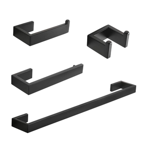 FLG 4-Piece Bathroom Hardware Accessory Set with 24" Towel Bar Towel Ring Paper Holder Robe Hook Matte Black