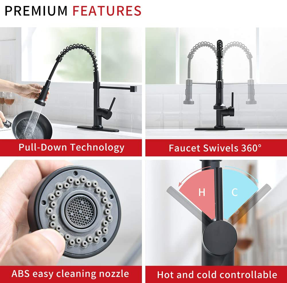 FLG Kitchen Sink Faucet,Single Handle Kitchen Faucet with Pull Down Sprayer,Commercial Spring Faucet for Kitchen Sink with Deck Plate, Matte Black