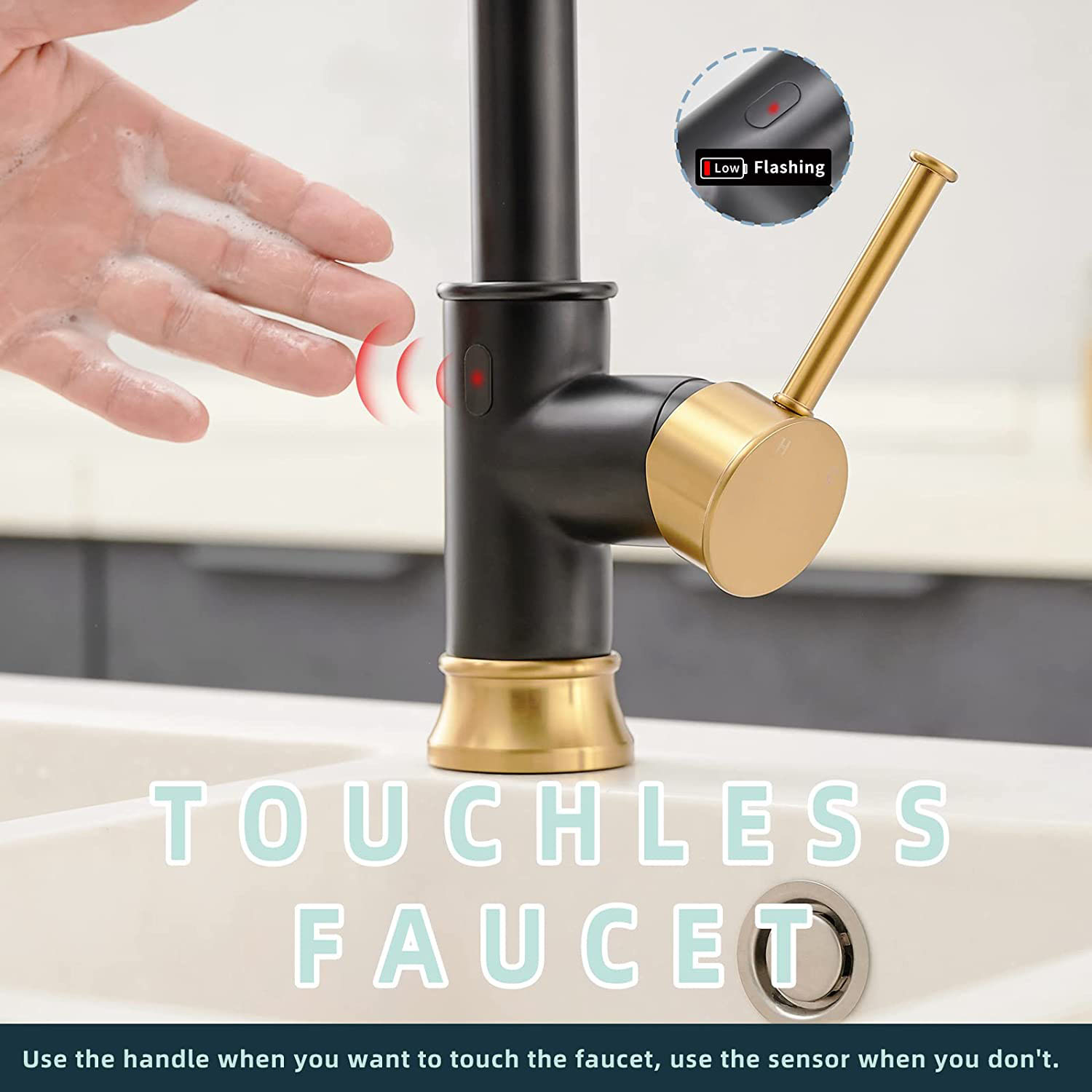 Black Gold Smart Touchless Kitchen Sink Faucet with Pull Down Sprayer, Motion Sensor Activated Hands-Free Single Handle Kitchen Faucet.