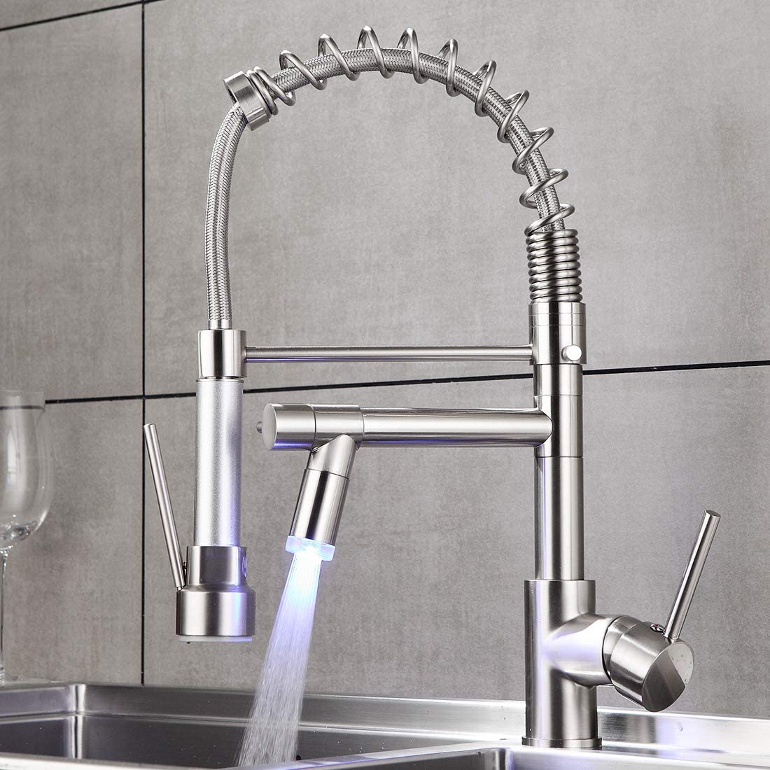  FLG Commerical Kitchen Faucet with Sprayer,Single Handle Pull Down Sprayer Kitchen Sink Faucet with LED Light Two Spout,Brushed Nickel